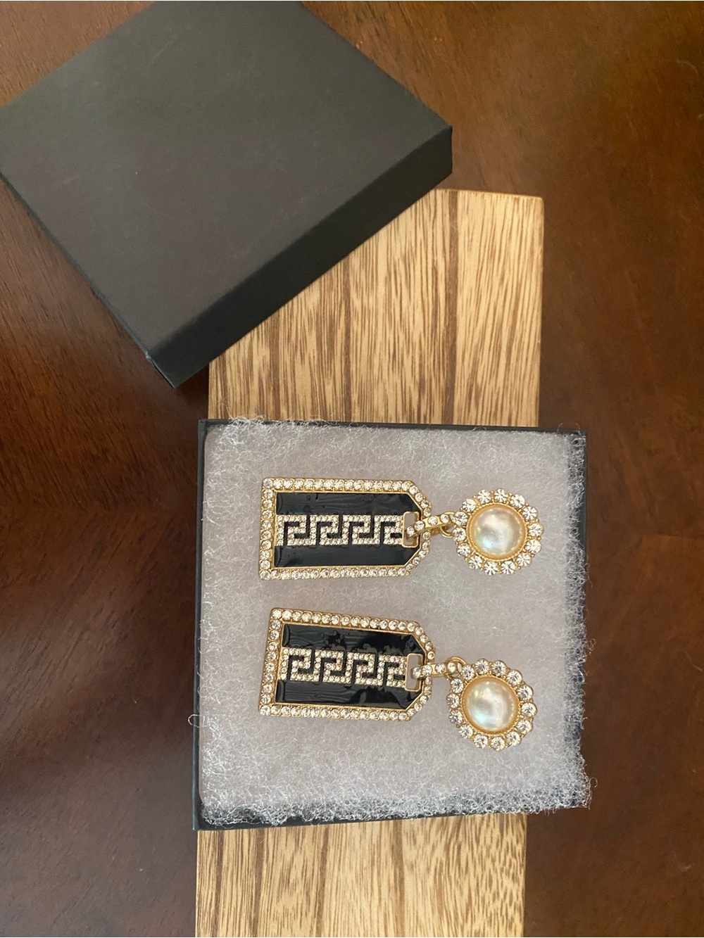 Gold and Black Drop Earrings with Pearl Accent